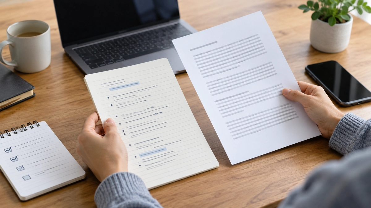 Reader comparing notes and a checklist while checking online sources