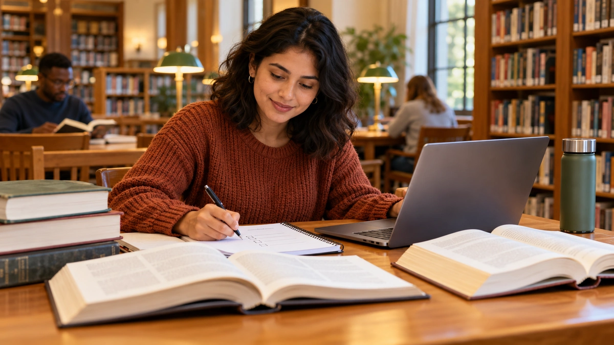 Reader using books and a laptop to cross-check online information