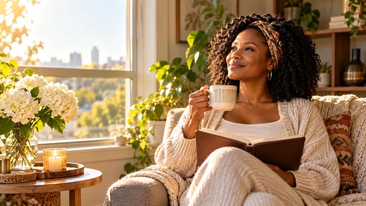 African American woman enjoying a peaceful Wednesday morning with tea and a journal