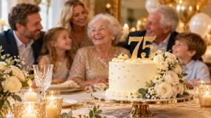 75th birthday wishes celebration with gold decorations