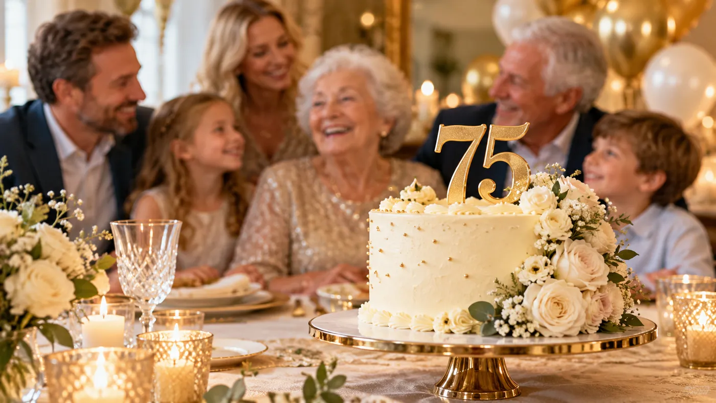 75th birthday wishes celebration with gold decorations