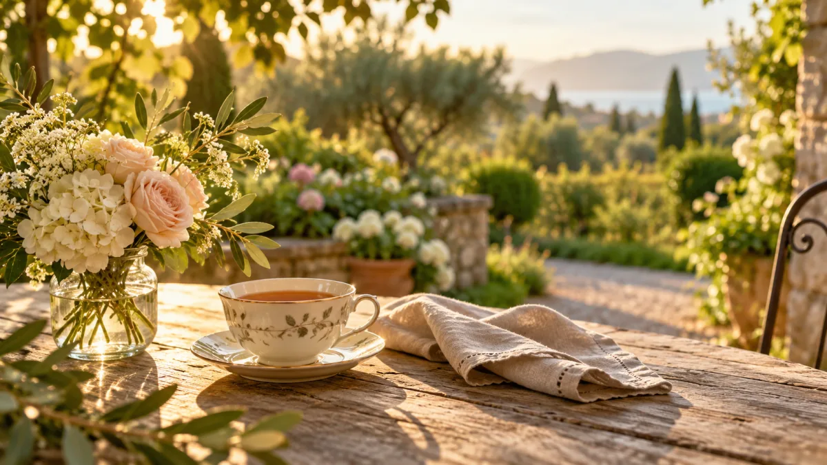 Sunlit tea table with flowers for afternoon blessings