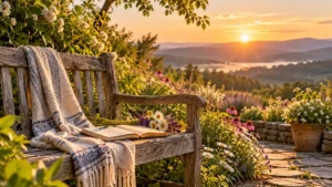 Sunrise garden bench and journal for inspirational Tuesday blessings
