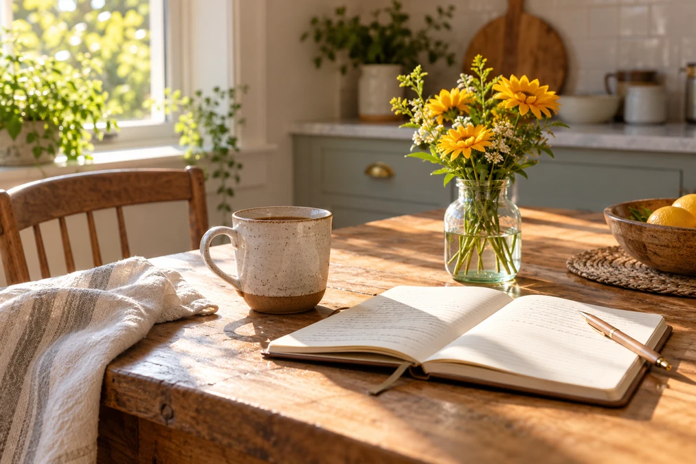Sunlit Tuesday morning table with coffee, notebook, and yellow flowers