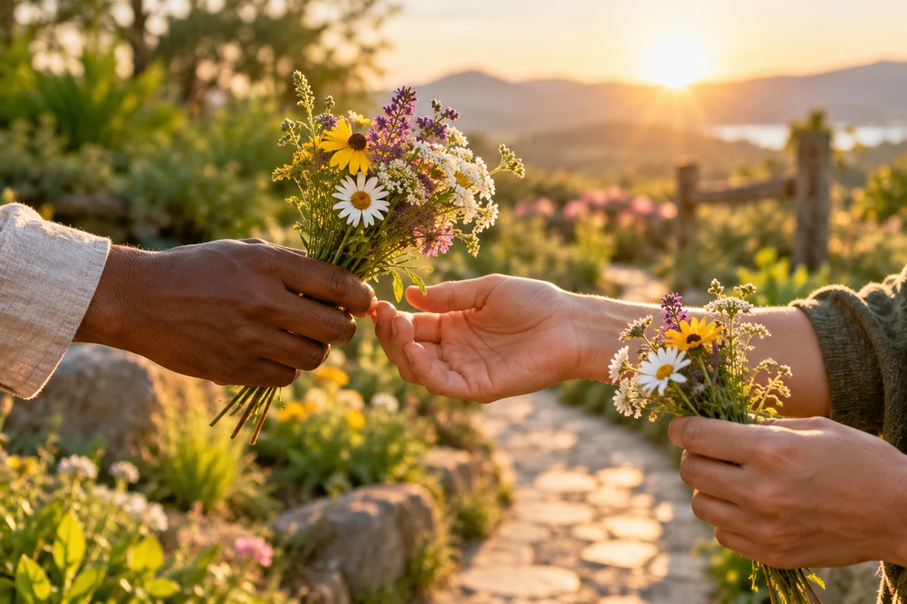 Hands sharing wildflowers at sunrise as a symbol of Tuesday kindness