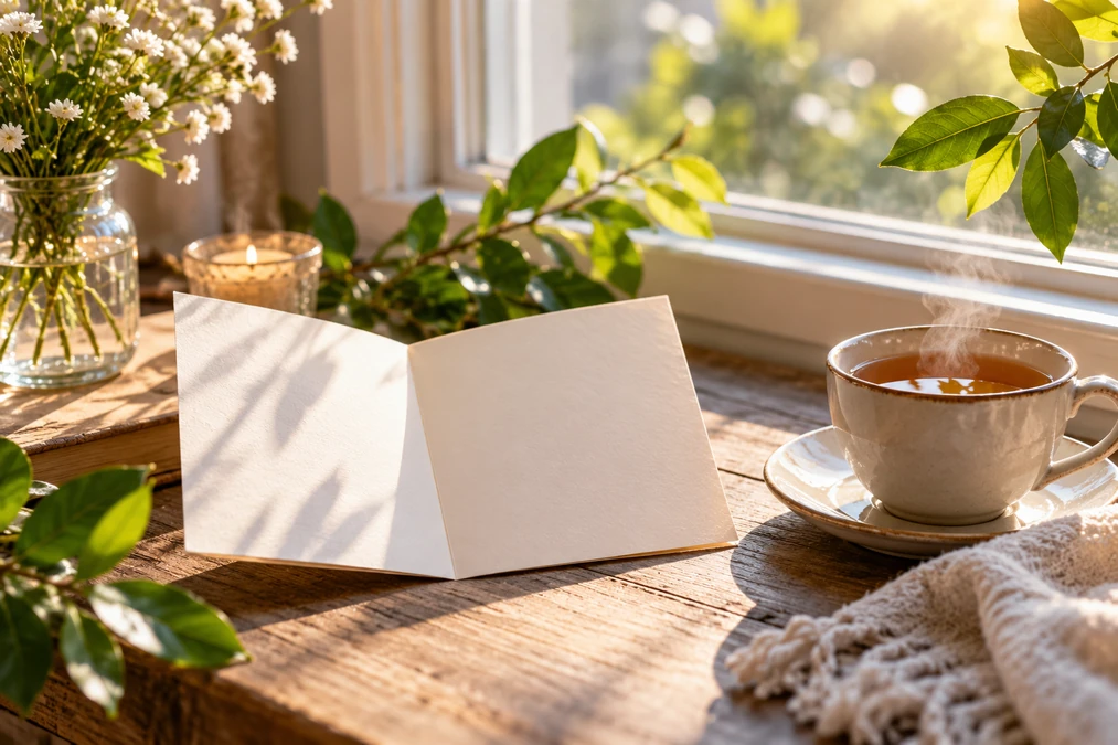 Peaceful Tuesday prayer scene with tea, blank card, flowers, and morning sunlight