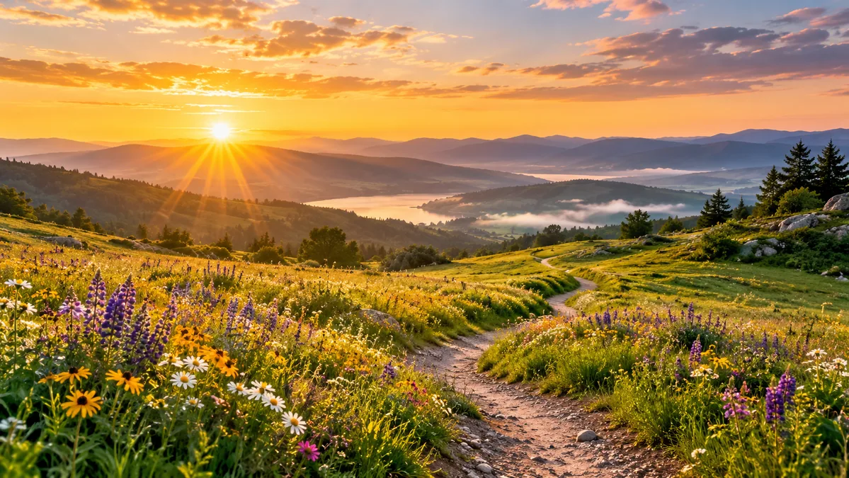 Peaceful sunrise over a meadow for a blessed beautiful Sunday