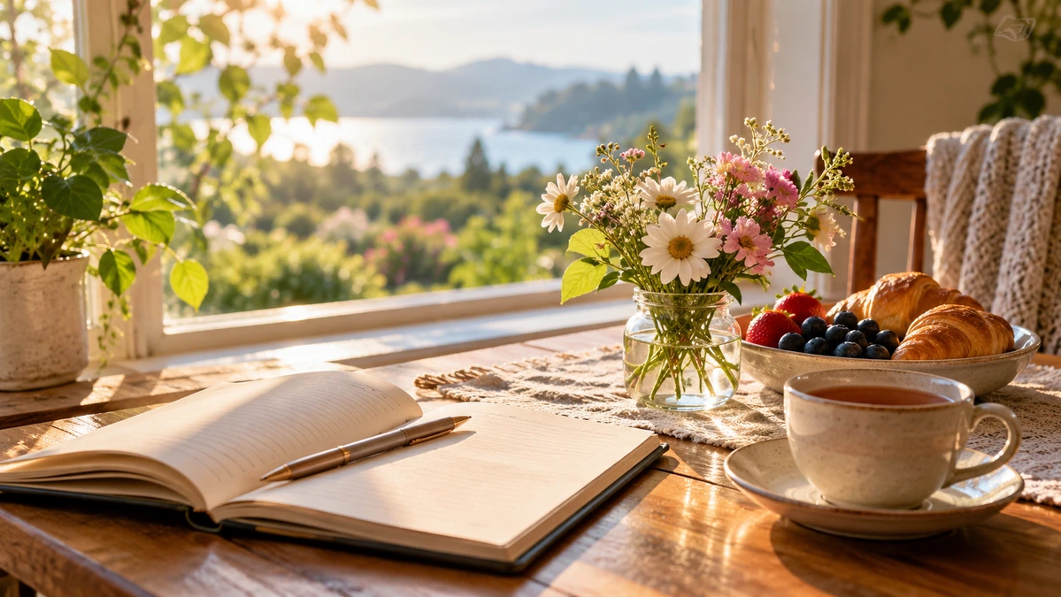 Sunlit Sunday morning breakfast table with flowers, tea, and an open notebook