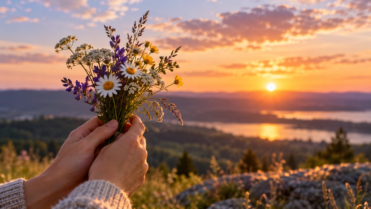 Hands holding wildflowers beneath a peaceful glowing Sunday evening sky