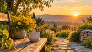 Warm sunrise garden path for blessed Thursday good morning images