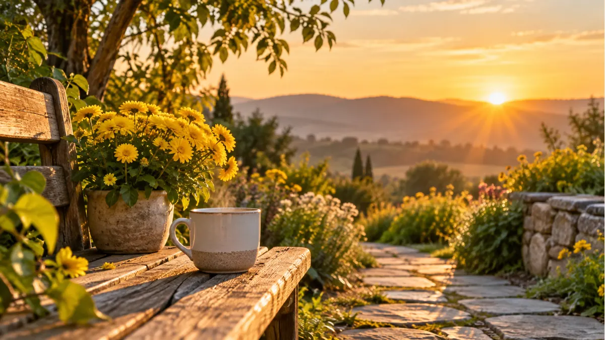 Warm sunrise garden path for blessed Thursday good morning images