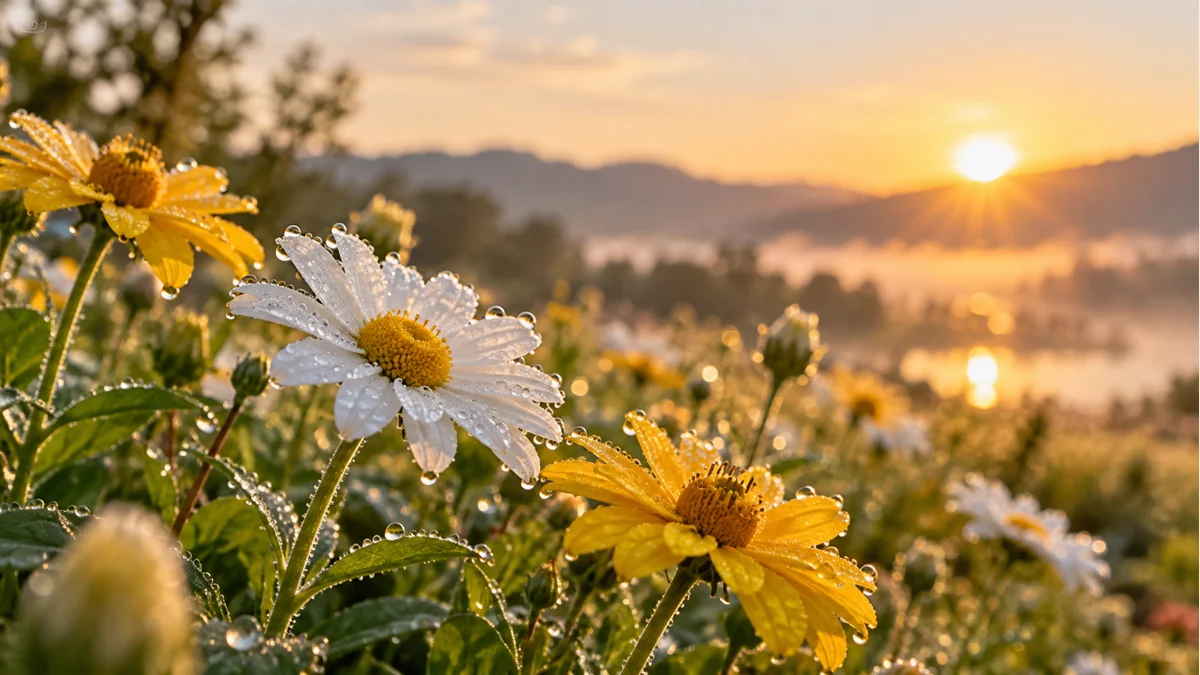 Dewy yellow and white flowers glowing in Thursday morning sunlight