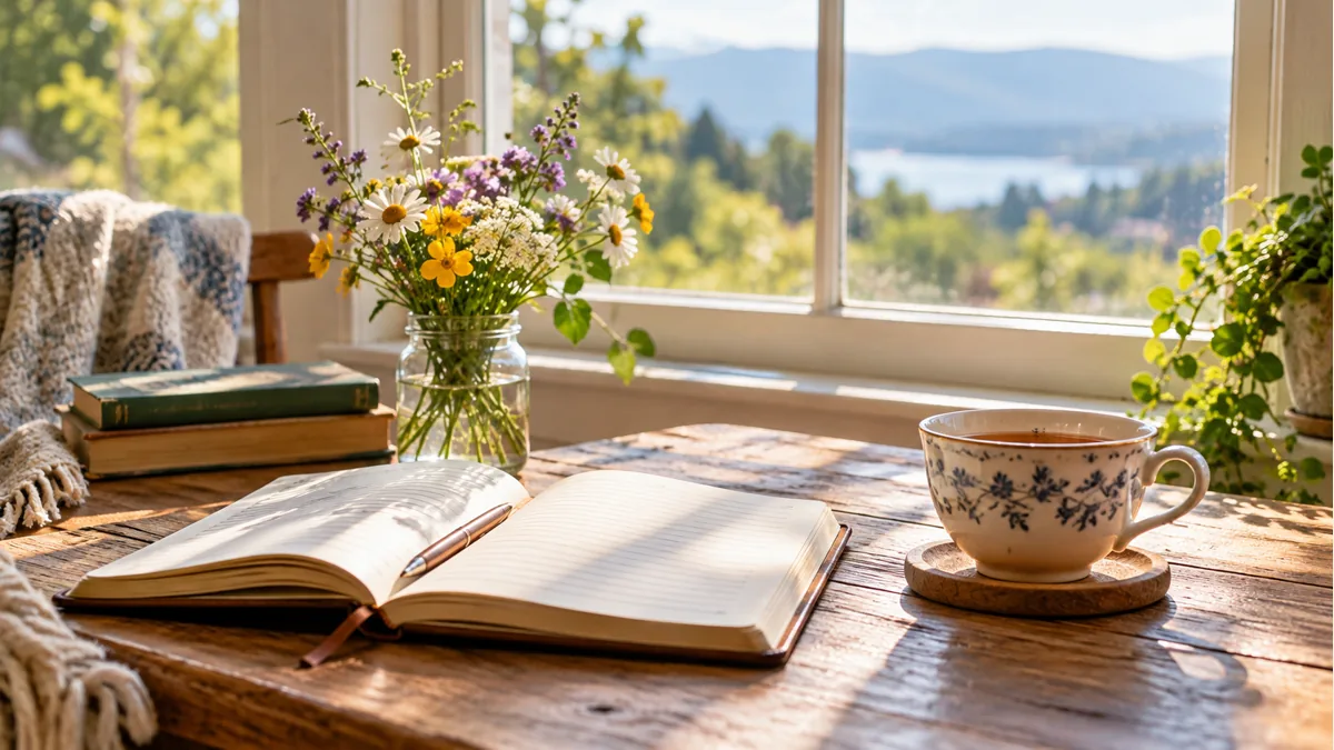 Peaceful Thursday morning journal, tea, and wildflowers by a bright window