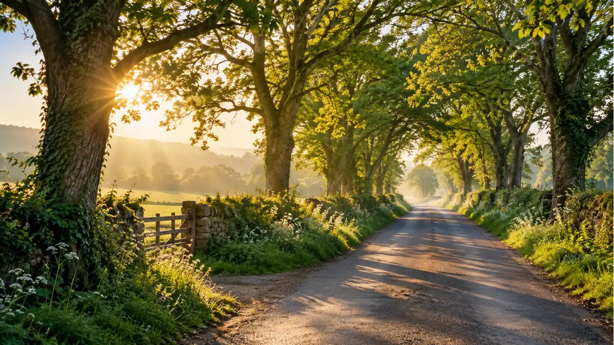 Sunlit country lane through trees on a hopeful Thursday morning