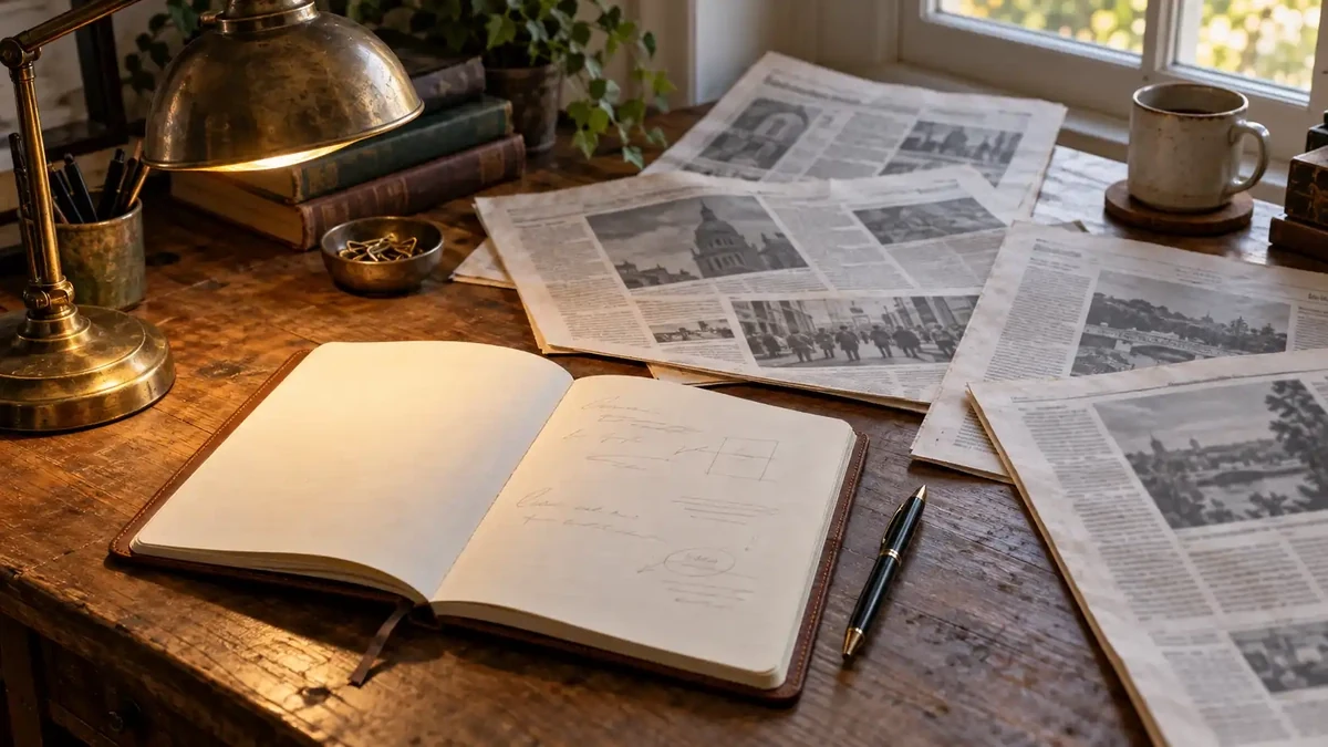Notebook and research materials representing careful fact checking for a Dallas Yocum profile