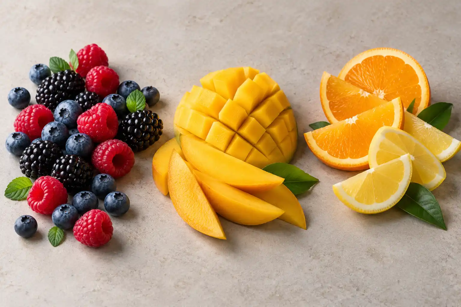 Fresh fruit and citrus flavor palette with mint
