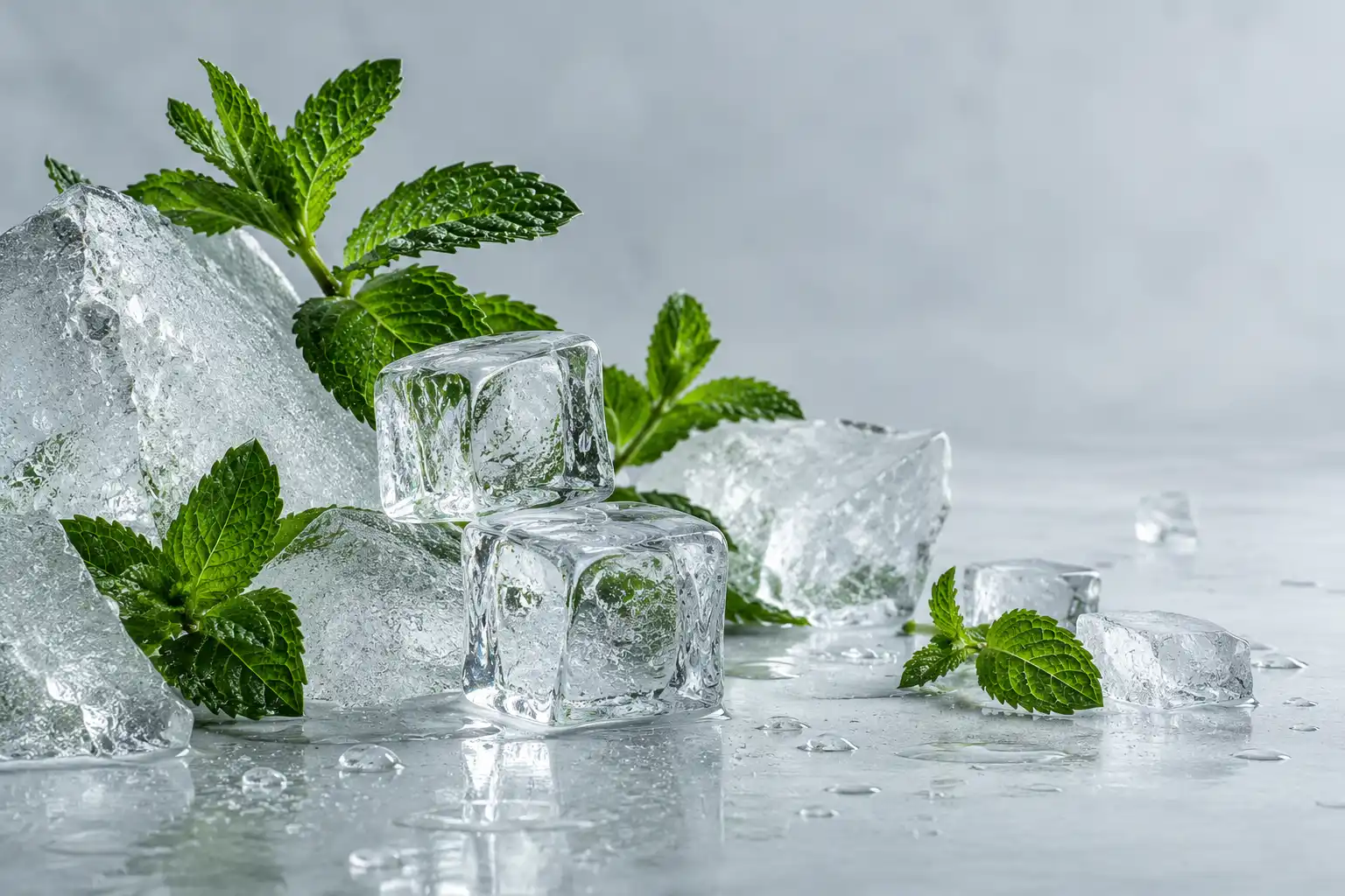 Mint leaves and ice representing cool Foger vape flavor profiles