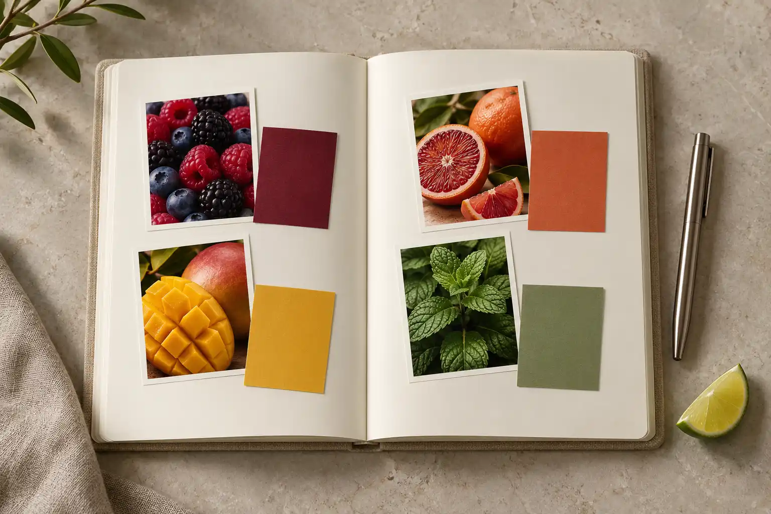 Notebook with fruit and mint swatches for comparing Foger vape flavors