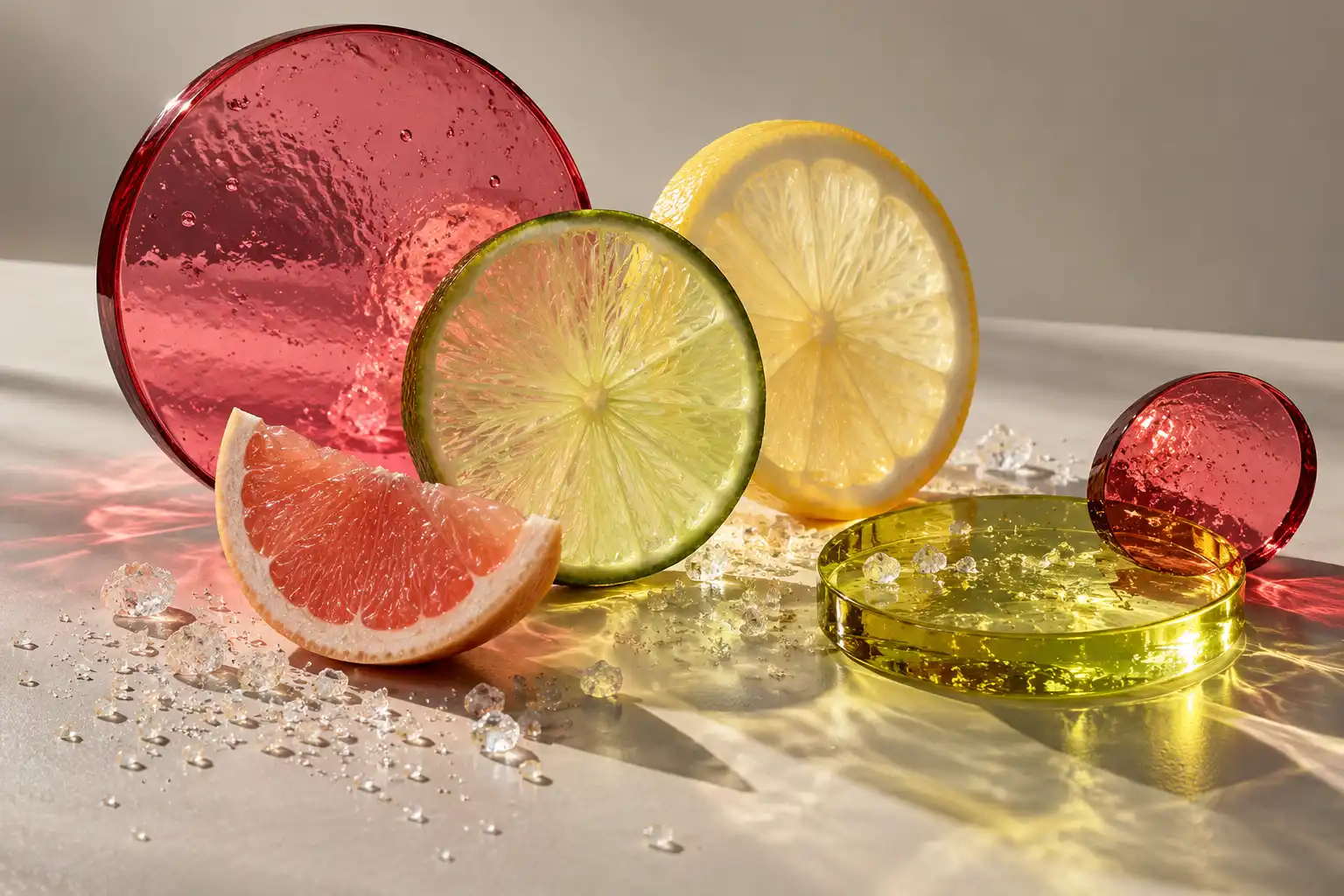 Citrus and berry still life representing sour Foger vape flavor notes