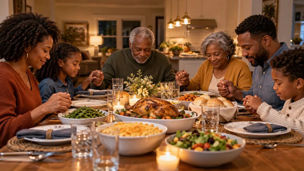 Three generations of an African American family sharing a Friday evening meal blessing