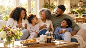 African American family sharing a peaceful Friday morning together at home