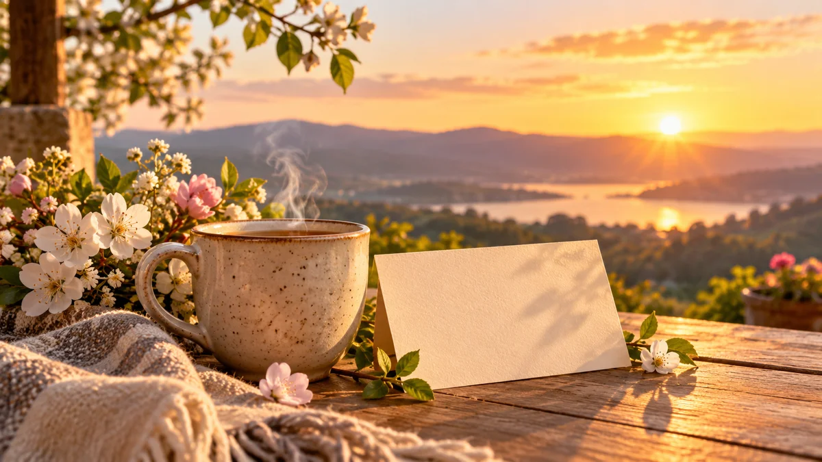 Sunrise with tea and flowers for a good morning Friday blessing