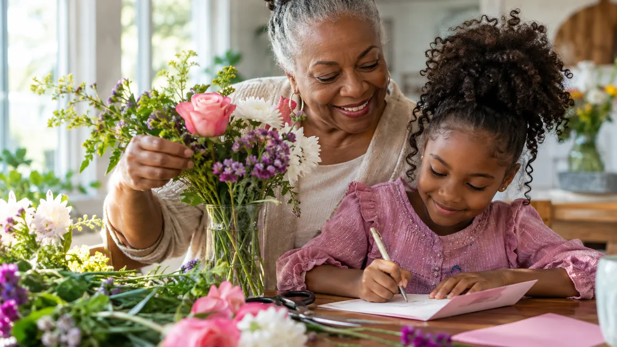 African American grandmother and granddaughter arranging flowers for a Friday family blessing