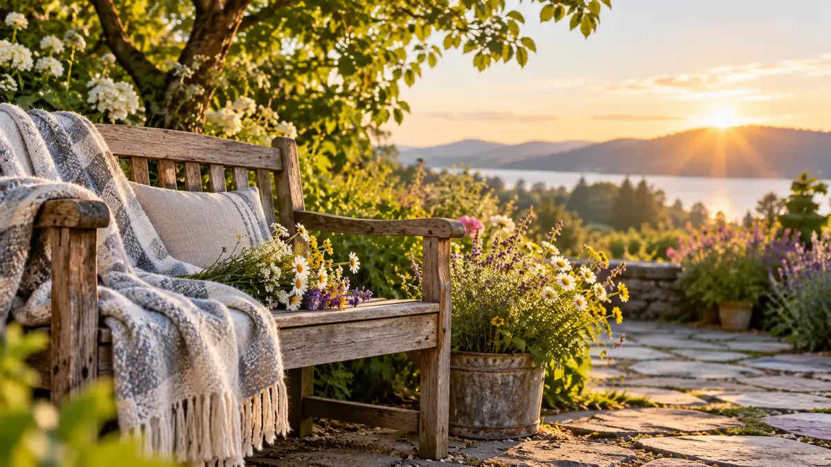 Garden bench and wildflowers in calm Friday morning sunlight