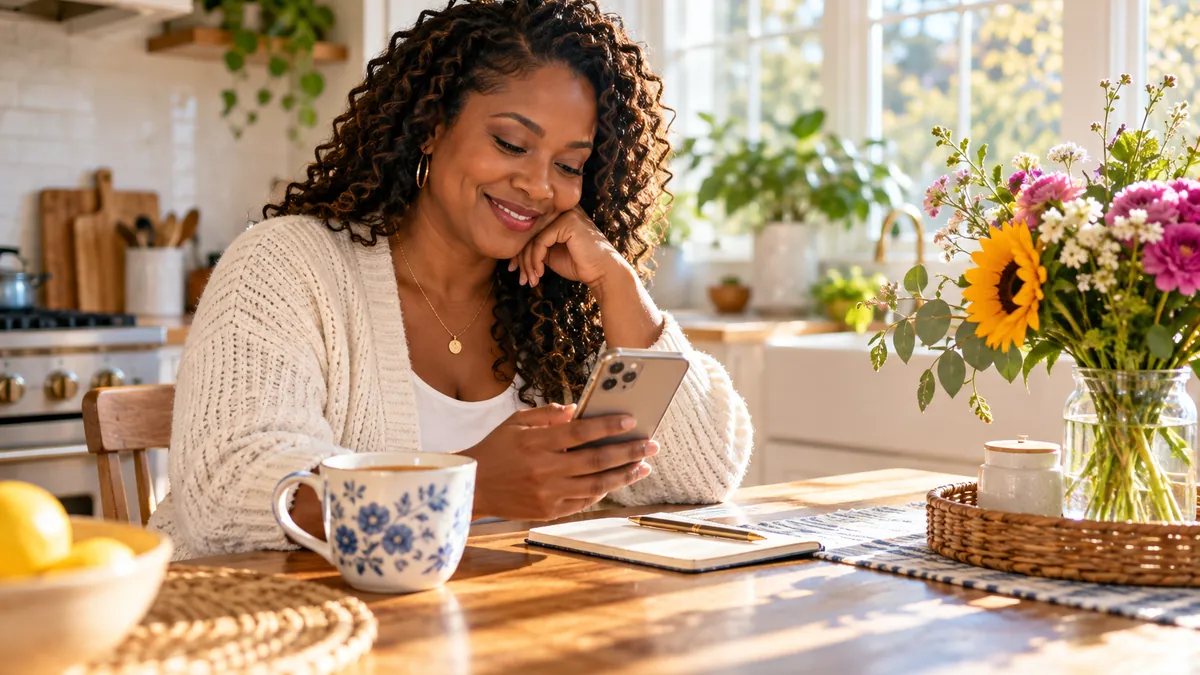 African American woman sending a heartfelt Friday blessing message at a sunny kitchen table