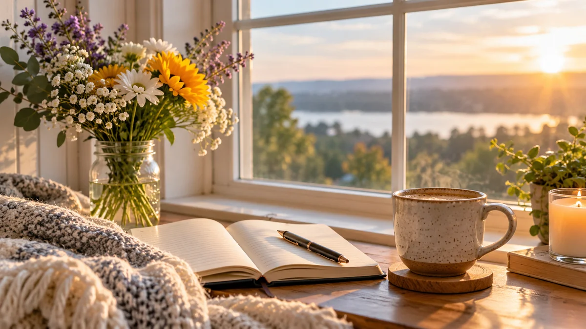 Open journal coffee and flowers for a peaceful Friday reflection