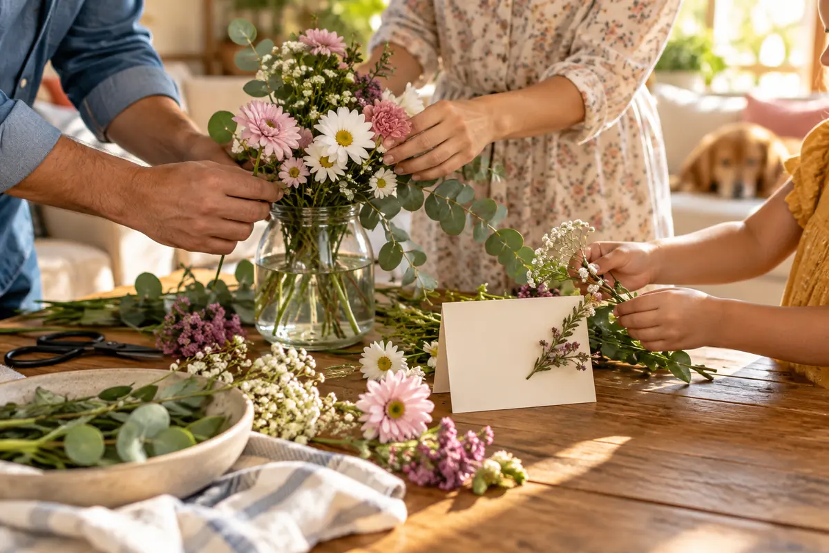Family arranging flowers and a card together as a Friday family blessing activity