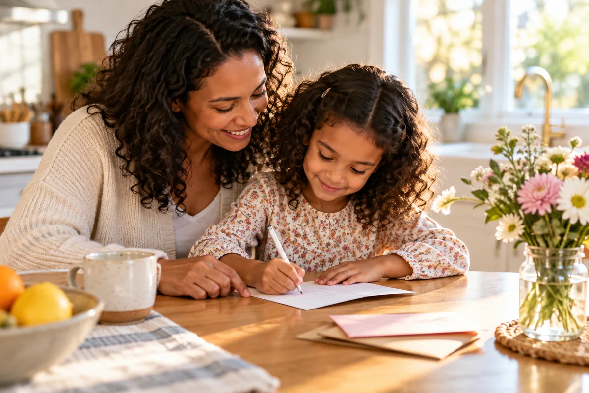 Parent and child writing a gratitude note together for Friday family blessings