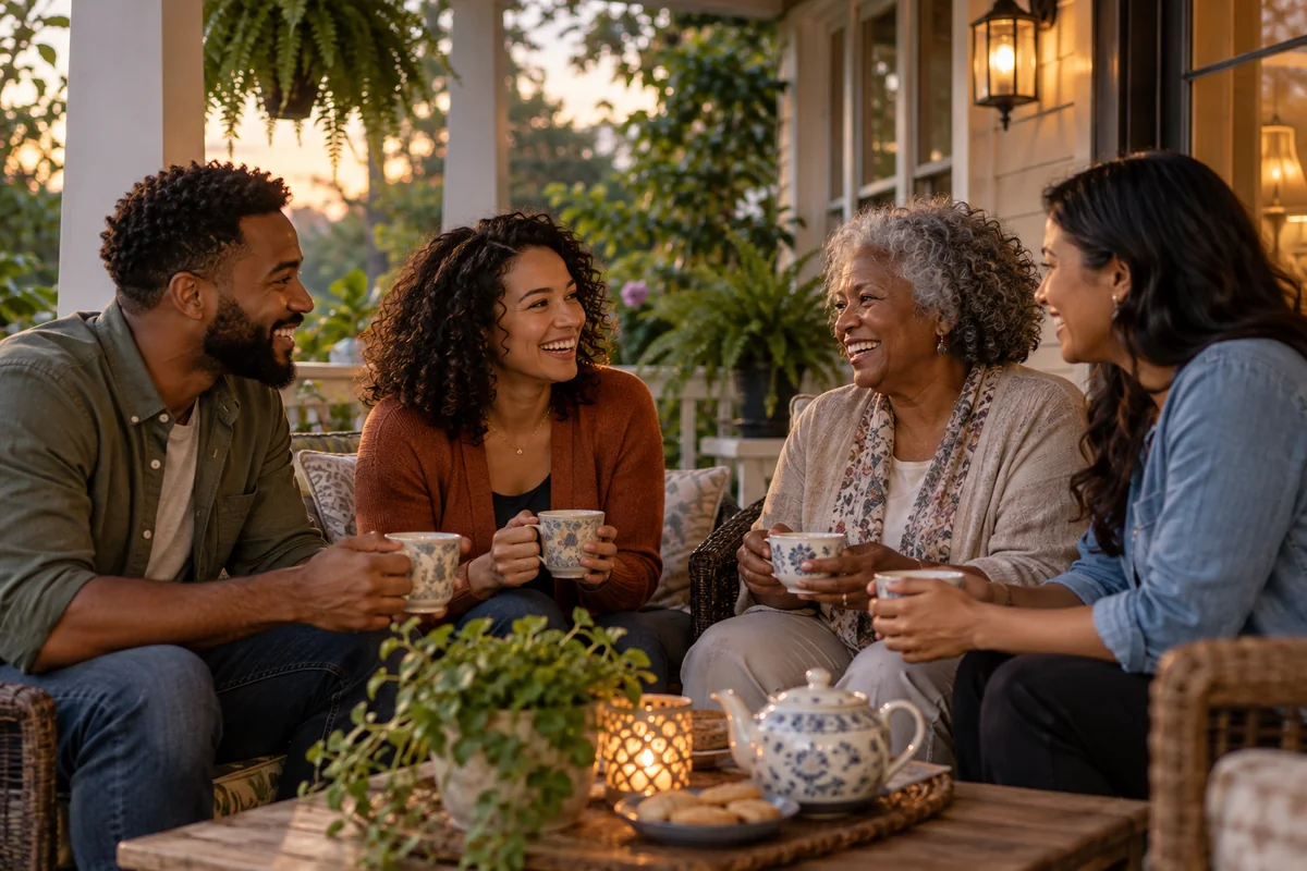 Family members sharing tea and conversation during a peaceful Friday evening