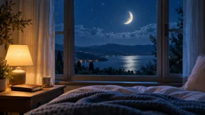 Peaceful moonlit window scene for good night blessings images and quotes
