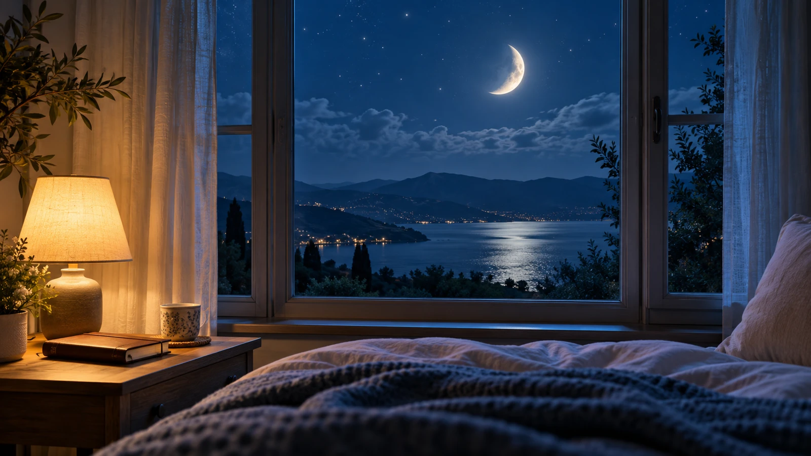 Peaceful moonlit window scene for good night blessings images and quotes