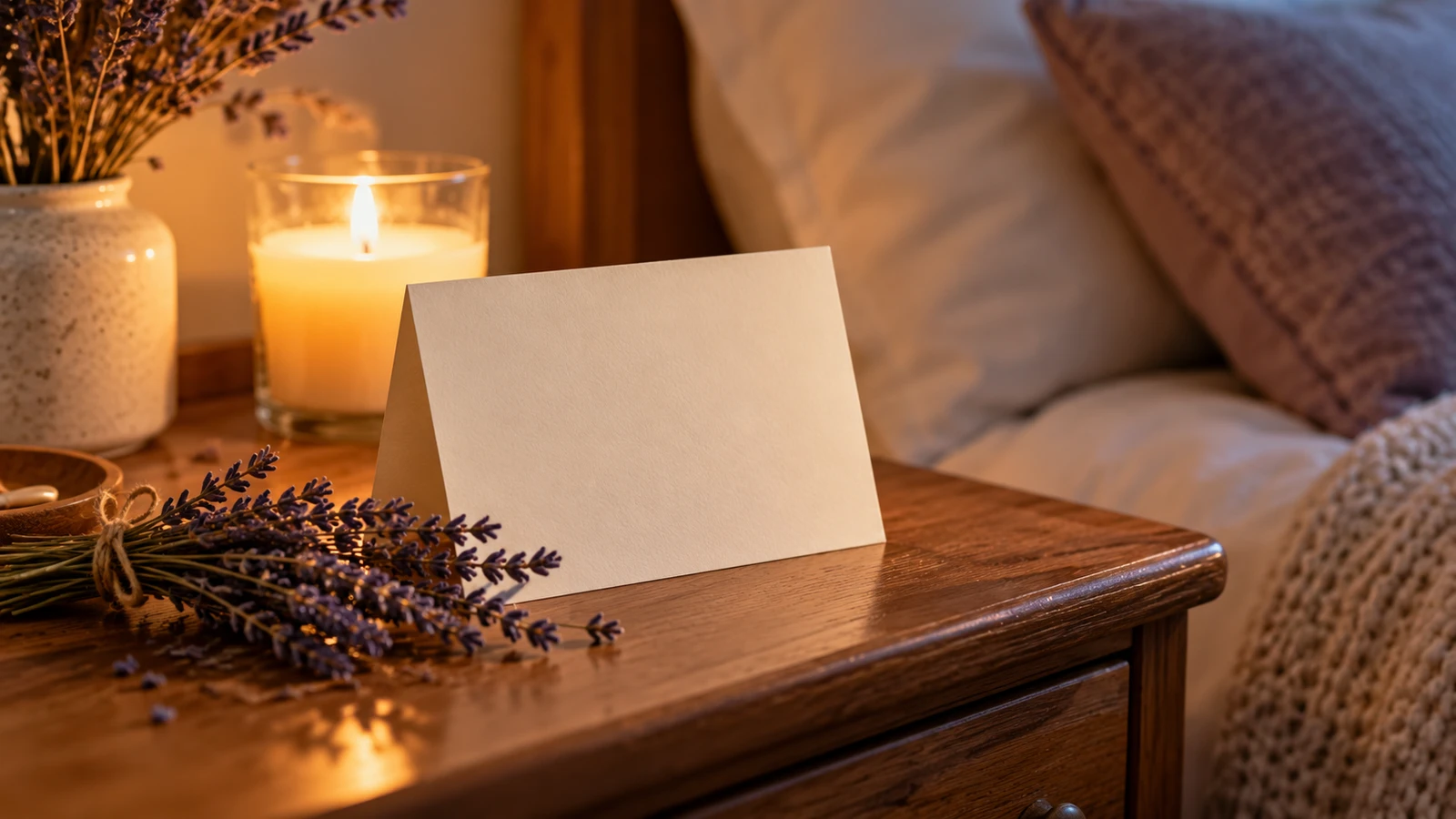 Warm bedside card scene for a thoughtful good night message