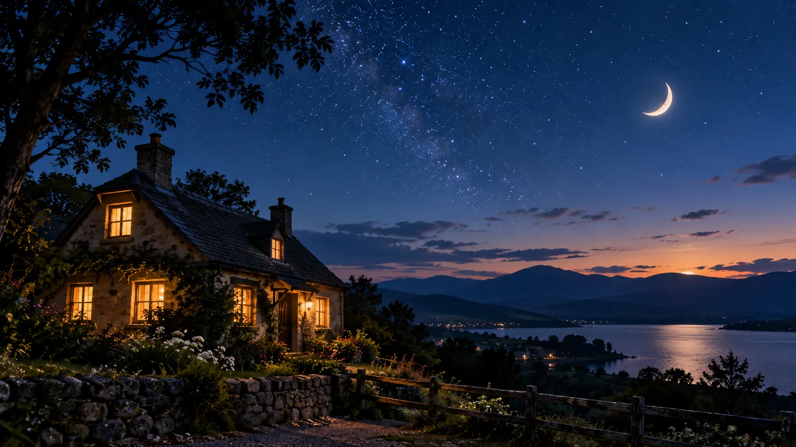 Peaceful moonlit cottage scene for bedtime blessings