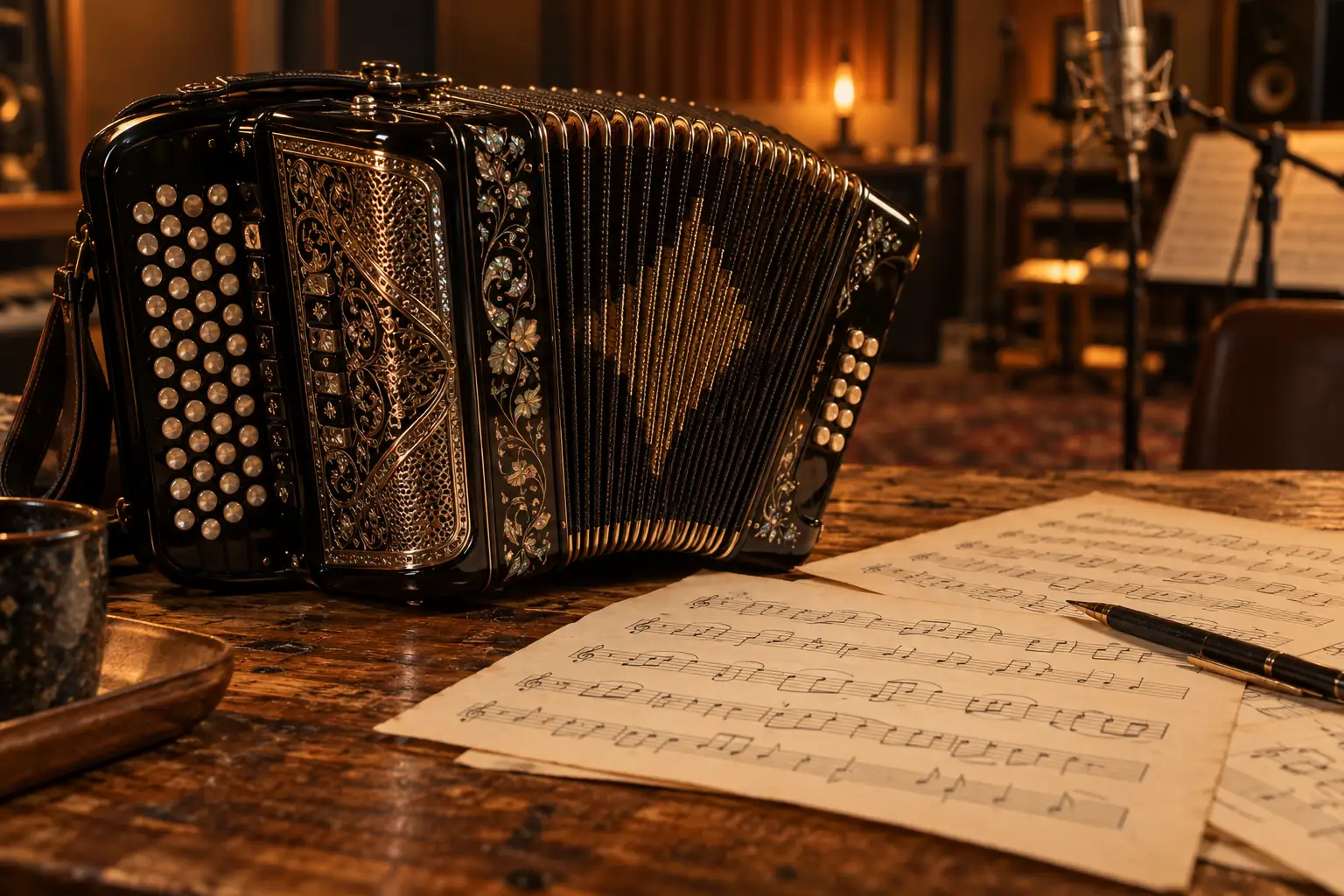 Accordion player preparing for a Regional Mexican music performance