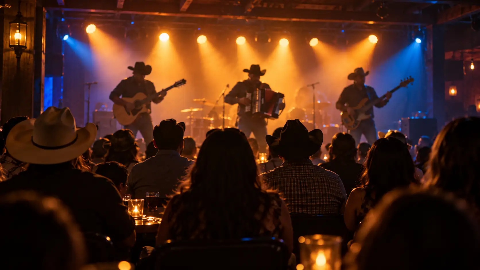 Concert audience watching a Regional Mexican music stage with warm lights