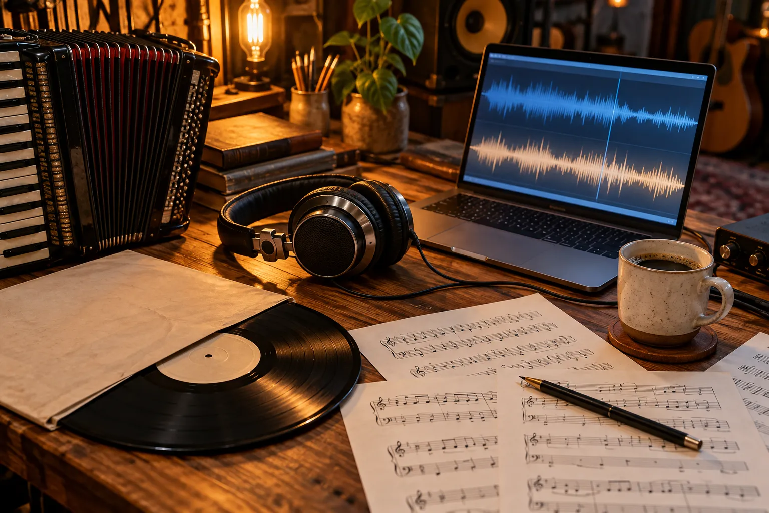 Close view of an accordion and musician notes in a warm studio