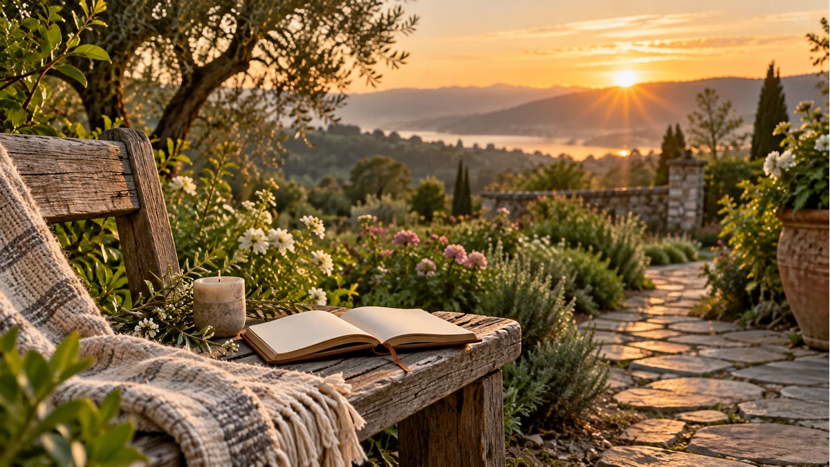 Peaceful sunrise garden path with an open journal for morning prayer