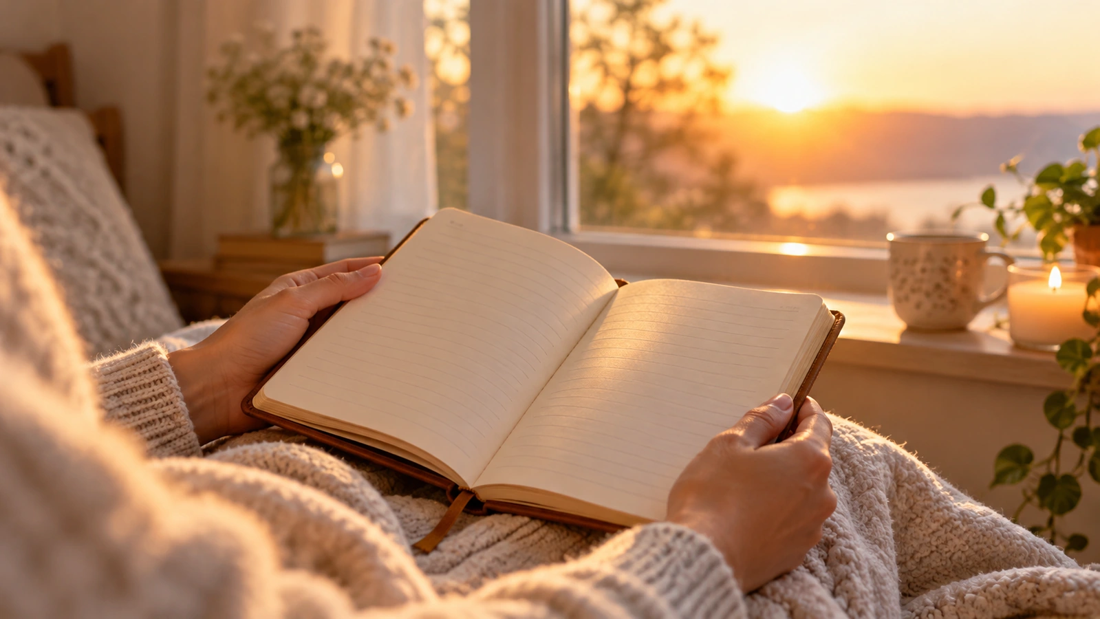 Hands holding an open prayer journal in warm morning window light
