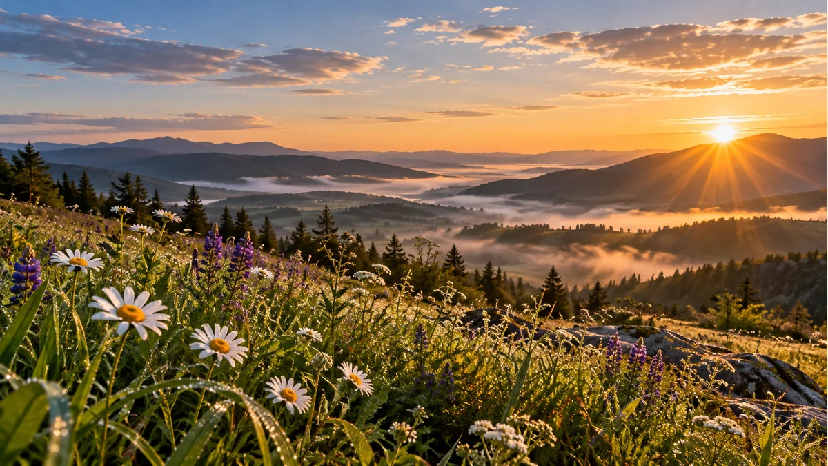 Dewy wildflowers in a peaceful sunrise landscape for morning reflection