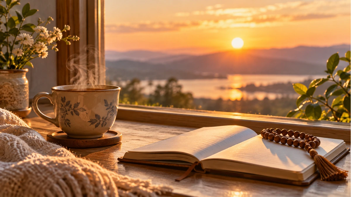 Morning tea beside a journal and prayer beads on a sunny windowsill