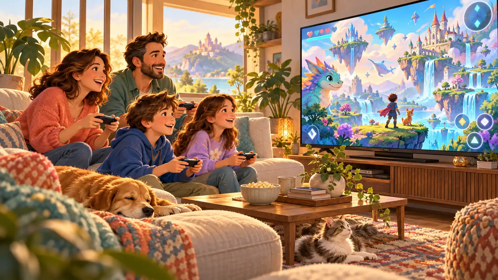 Family discussing privacy settings before PlayMyWorld Zylandrix FV