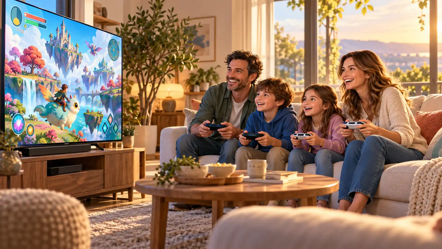 Family exploring a colorful PlayMyWorld Zylandrix FV game world