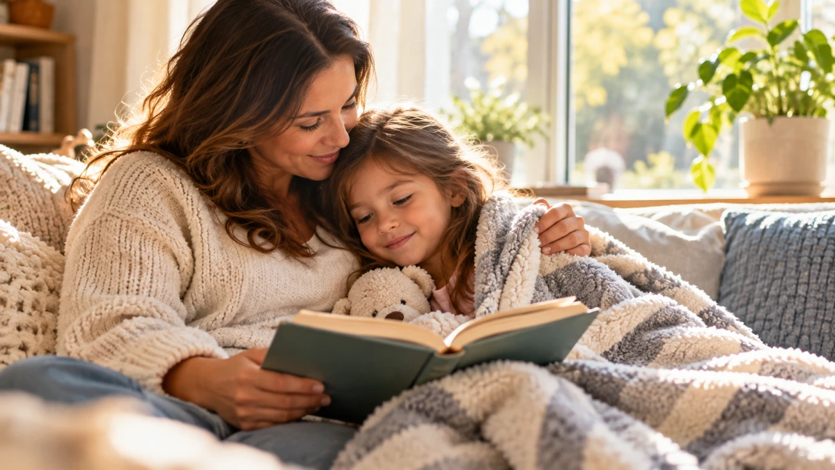 Mother comforting her child with a blanket beside a sunny window