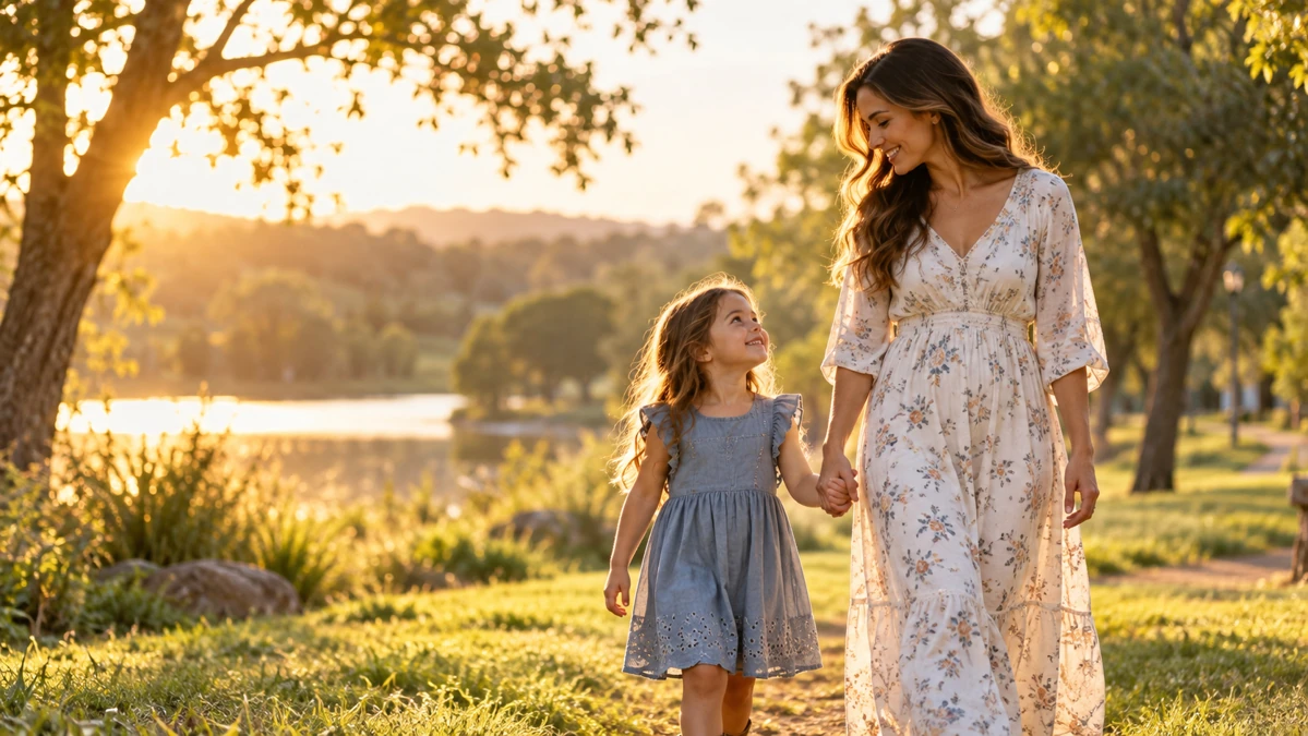 Mother and child walking together in a sunlit park, symbolizing protective mom quotes