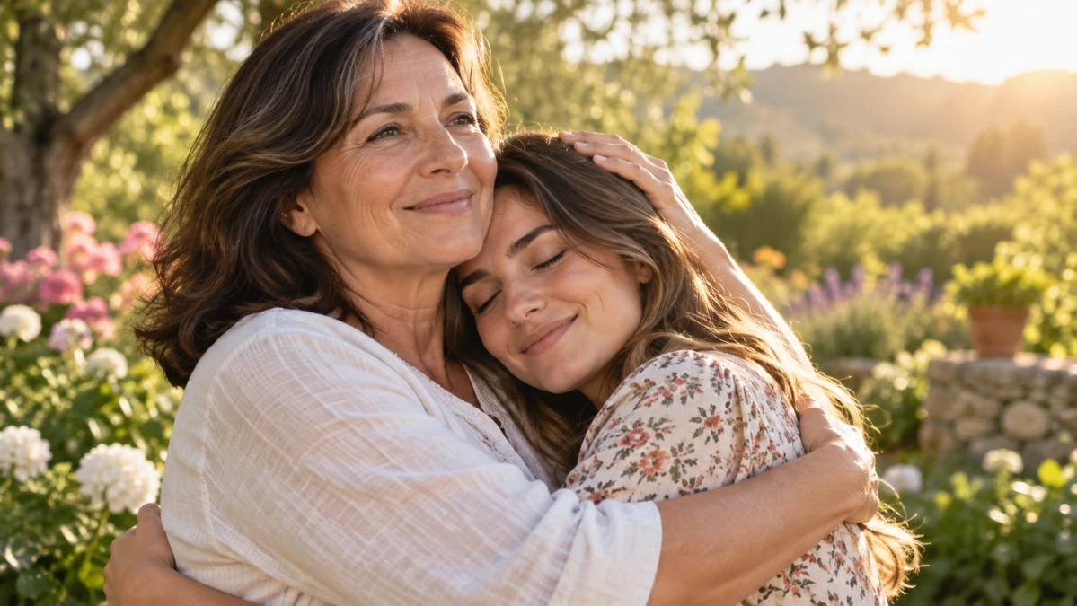 Adult daughter embracing her mother in a peaceful garden