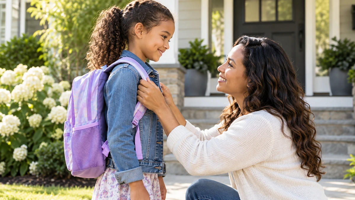 Mother adjusting her child’s backpack before school with encouragement